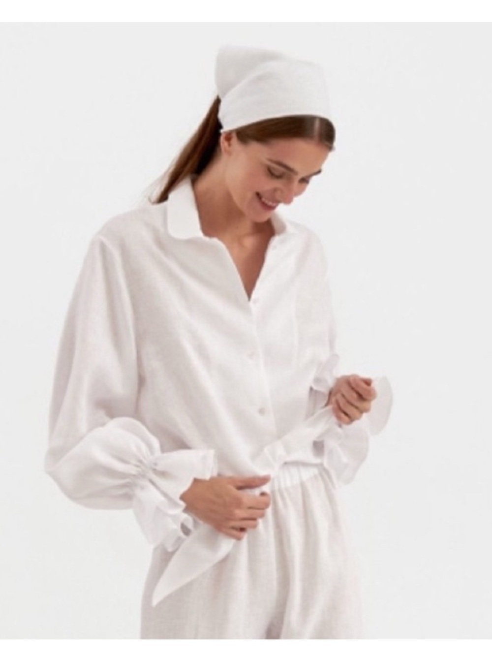 Sleeper Classic Rumba White Linen Blouse with Ruffled Cuffs NWT